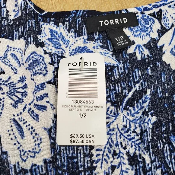 New Torrid Womens One Size 1 / 2 (14-20) Blue Floral Cinc Waist Tie Kimono $69 - Picture 7 of 16